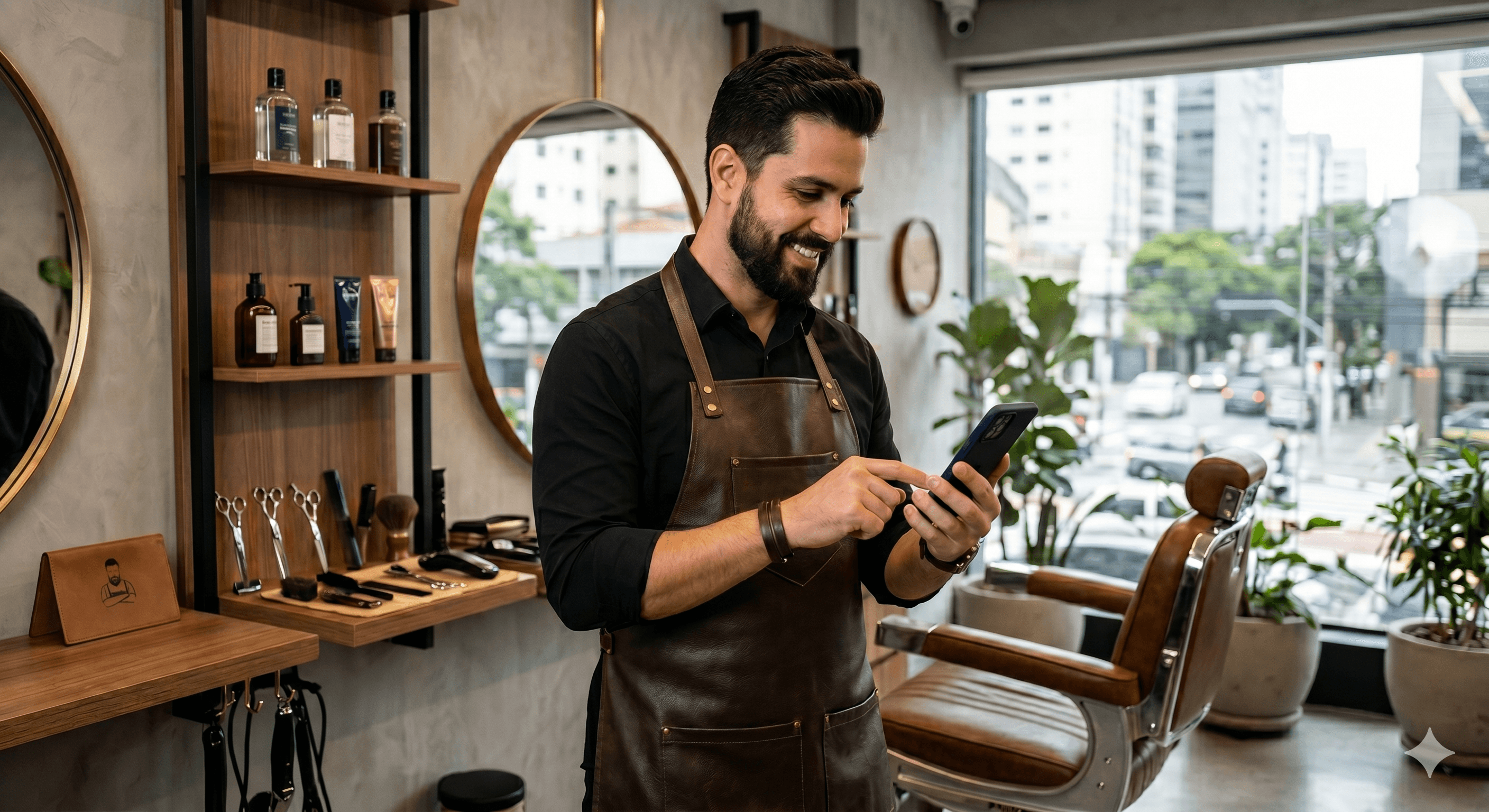 Barbeiro usando o Klender pelo celular dentro da barbearia